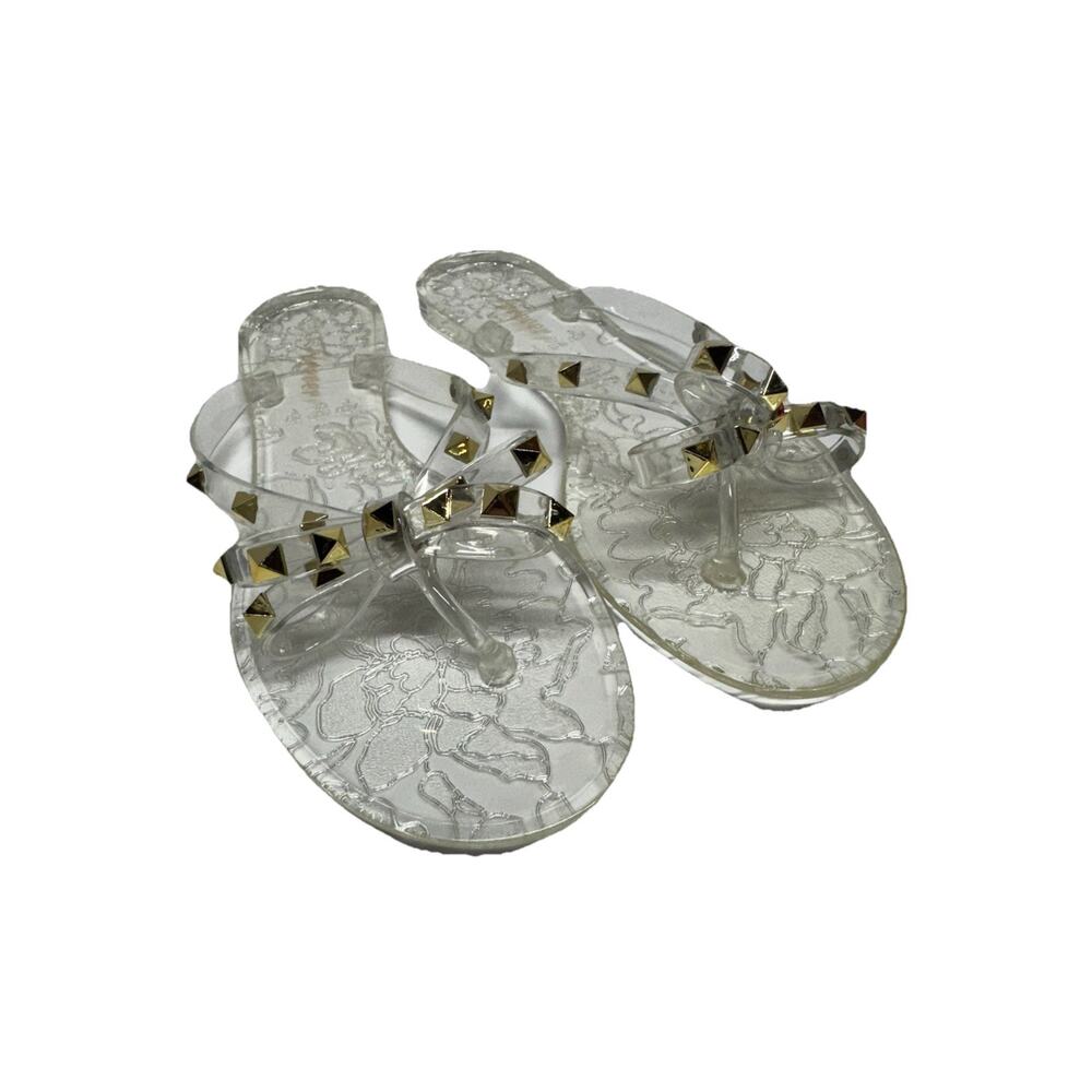Forever Clear Glitter Jelly Flip Flops Studded Gold Bow Coquette NEW Womens Sz 9